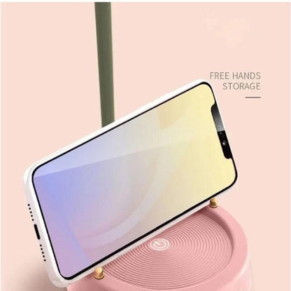 Miso station flower shaped desk lamp base with integrated phone stand and storage tray in soft pink