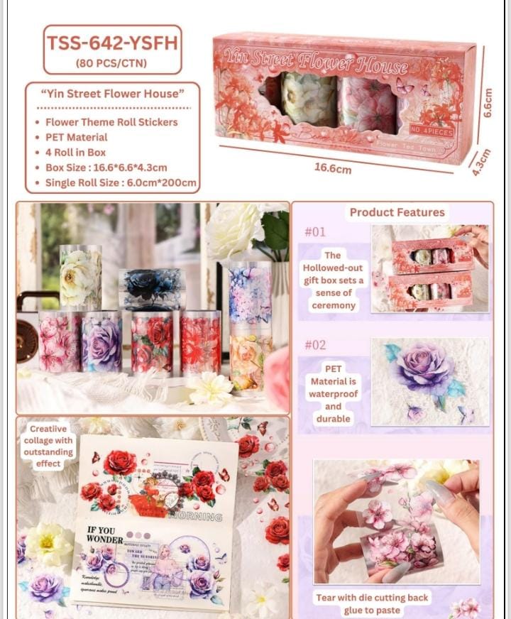 Miso station Yin Street Flower House PET floral sticker rolls in a gift box for scrapbooking and journaling.
