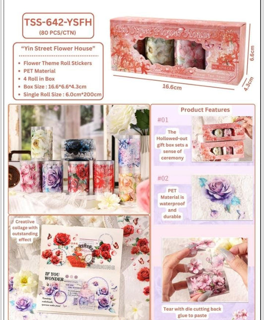 Miso station Yin Street Flower House PET floral sticker rolls in a gift box for scrapbooking and journaling.