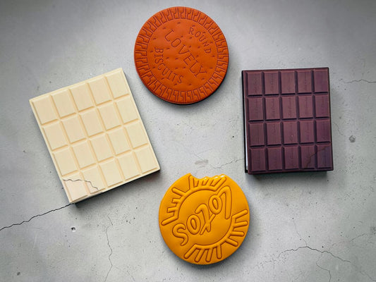 Miso station food-shaped notebooks including white chocolate, dark chocolate, and round biscuit designs in PVC.