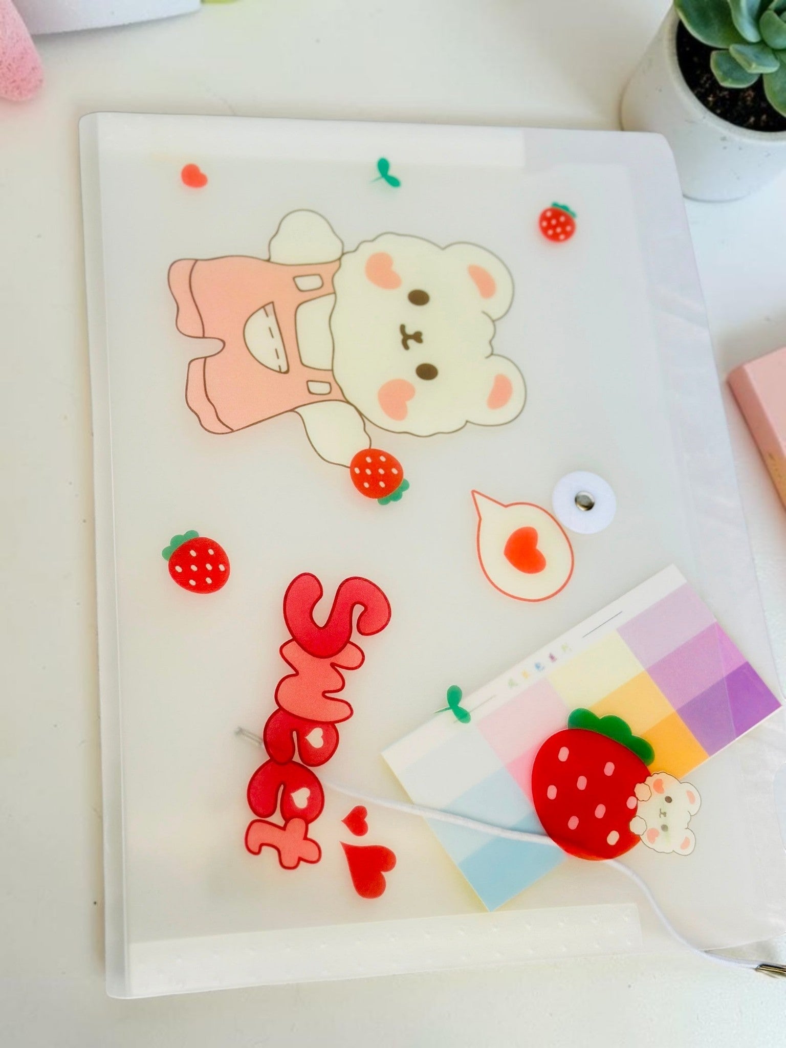 Miso station A4 frosted plastic document folder featuring a cute bear, strawberries, and sweet text design