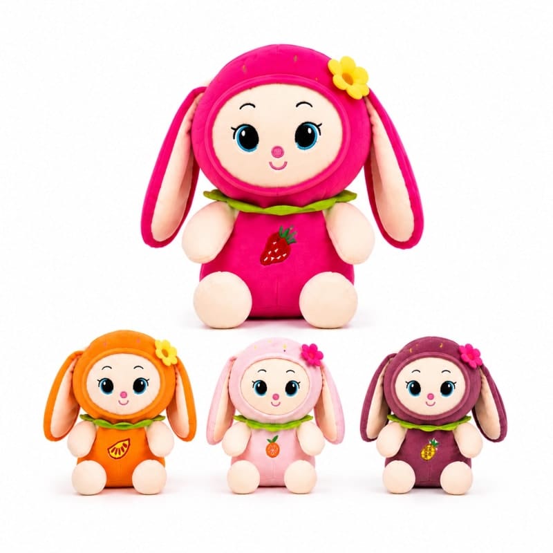 Miso station fruit-themed bunny plush toys in strawberry, orange, peach, and grape designs with floral accents.