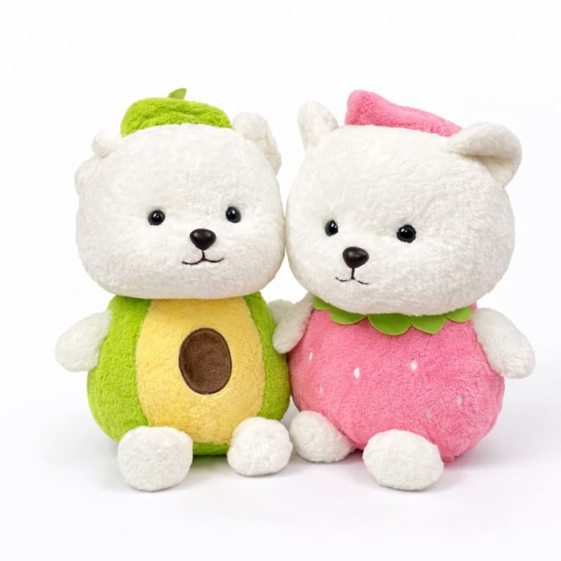Miso station fruit-themed plush bear set featuring a white bear in an avocado outfit and one in a strawberry costume.