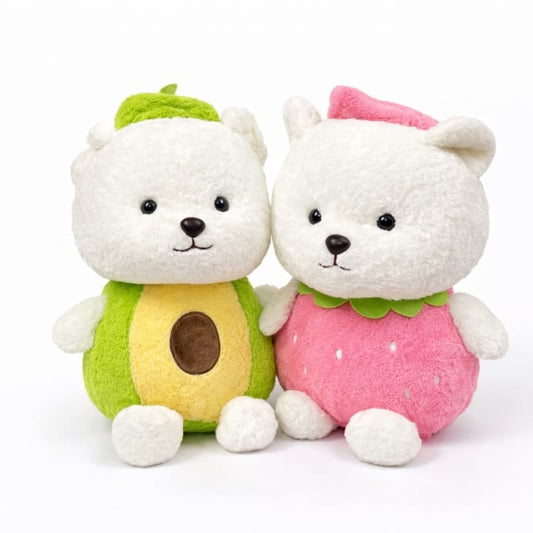 Miso station fruit-themed plush bear set featuring a white bear in an avocado outfit and one in a strawberry costume.