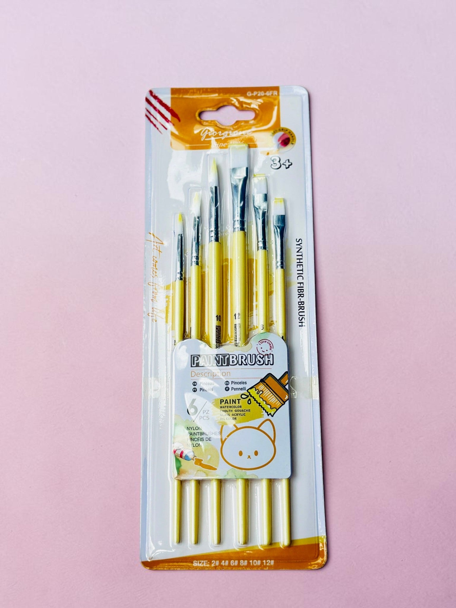 Miso station Giorgione 6-piece synthetic nylon paint brush set with yellow ergonomic handles in retail packaging