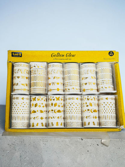 Miso station 12-piece Golden Glow washi tape set with gold hot-stamped patterns on white paper rolls in a yellow box