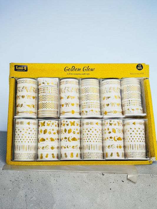 Miso station 12-piece Golden Glow washi tape set with gold hot-stamped patterns on white paper rolls in a yellow box