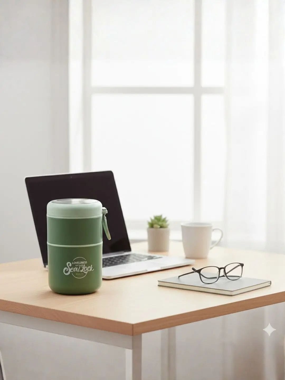 Miso station sage green insulated bento food container with a leak-proof lid on a desk next to a laptop and notebook.