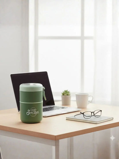 Miso station sage green insulated bento food container with a leak-proof lid on a desk next to a laptop and notebook.