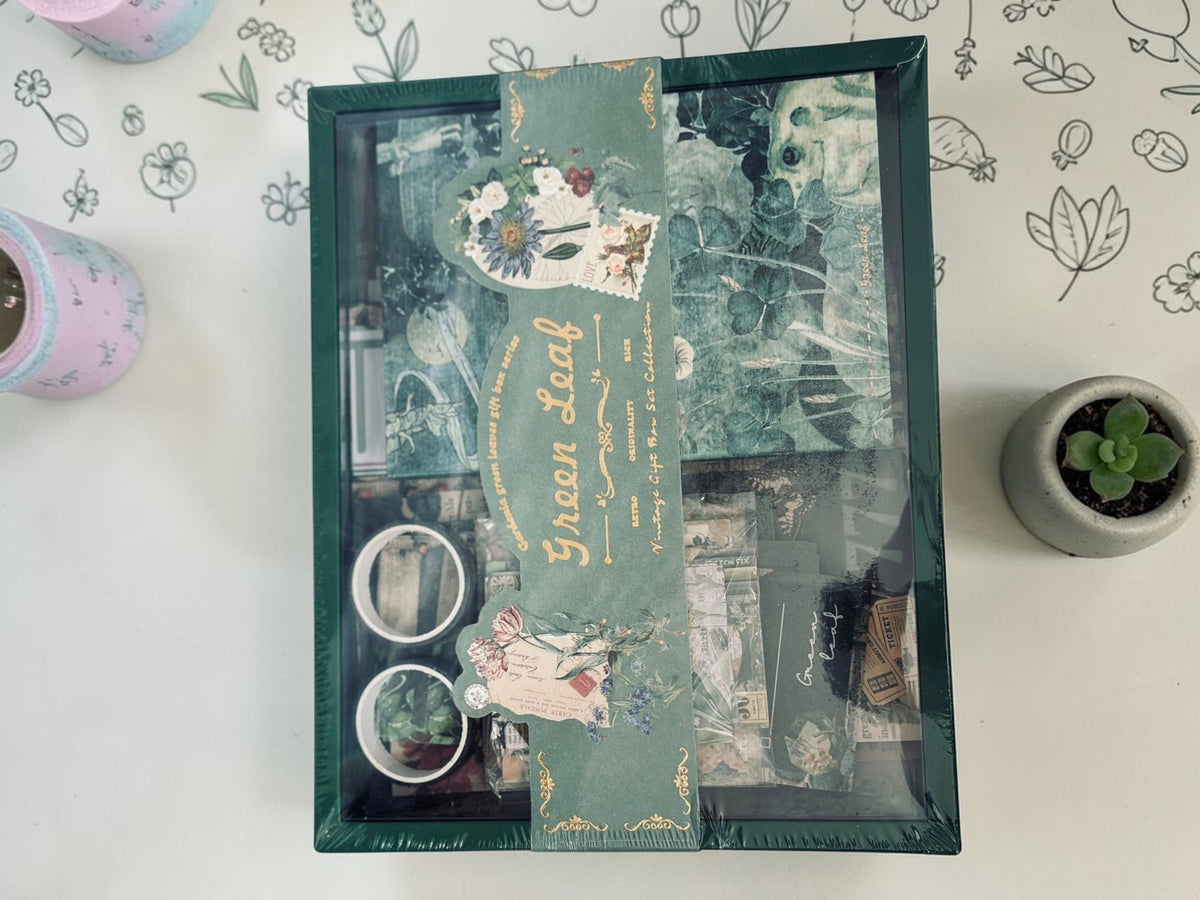 Miso station Green Leaf vintage stationery gift box set with patterned papers, stickers, and washi tapes.