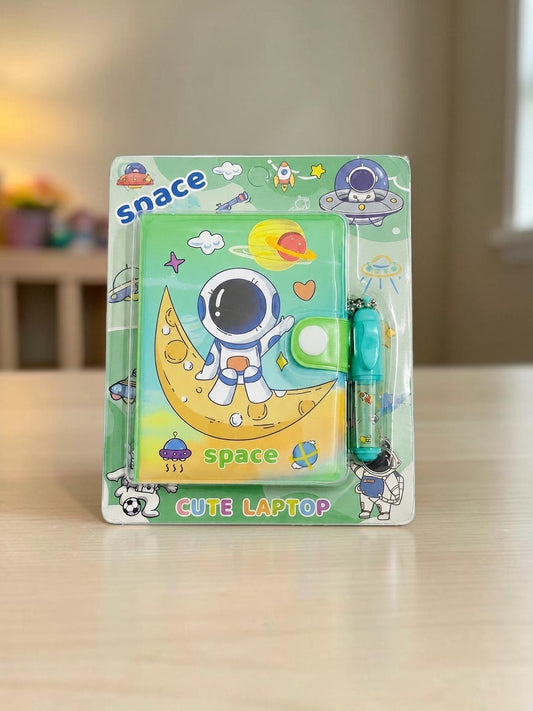 Miso station green space-themed notebook with astronaut on moon design and matching pen in retail packaging