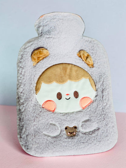 Miso station plush grey hot water bottle cover featuring an embroidered character face with 3D ears and soft fleece.