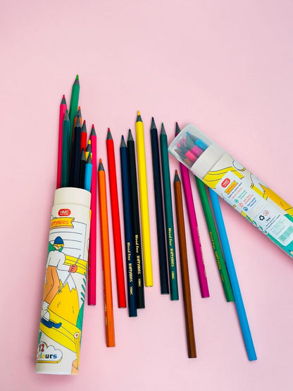 Miso station Happyhues wood-free colored pencil set with 12 vibrant shades in an illustrated cylindrical storage tube