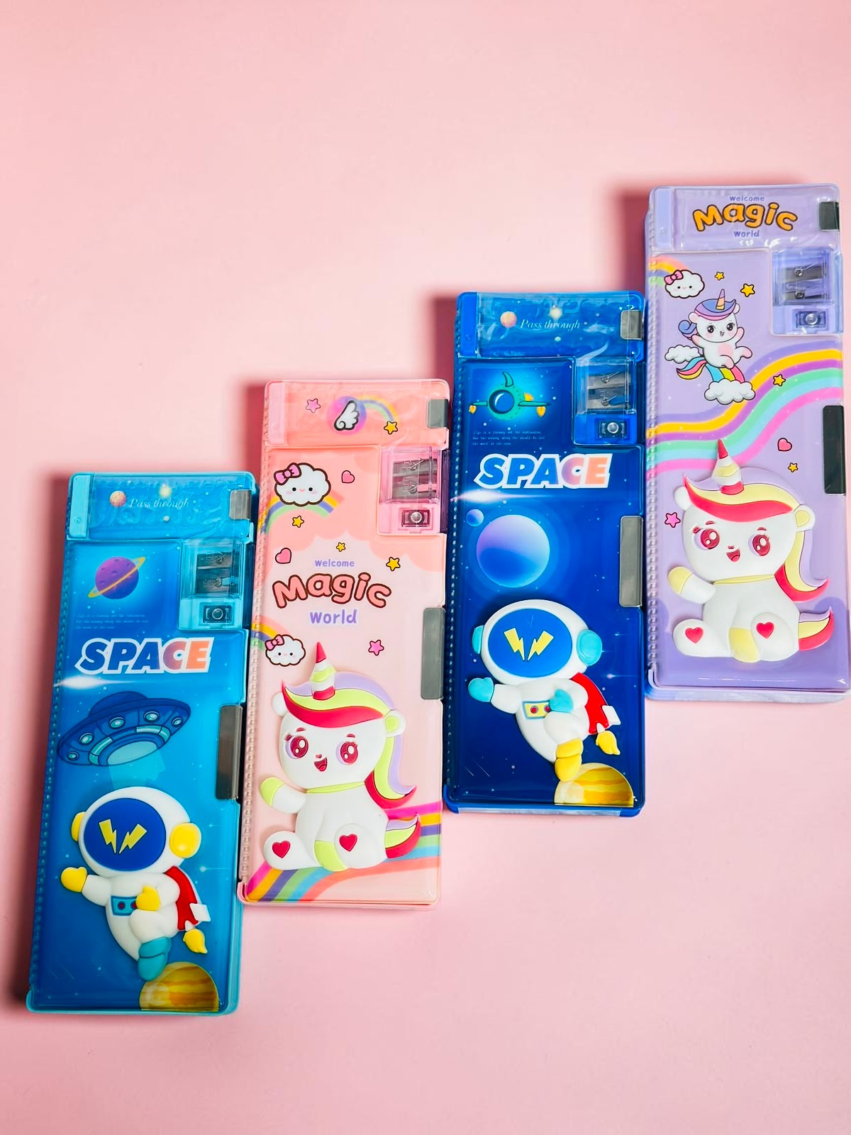 Miso station hard shell pencil cases with 3D space and unicorn designs, featuring built-in sharpeners in four colors.