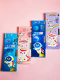 Miso station hard shell pencil cases with 3D space and unicorn designs, featuring built-in sharpeners in four colors.