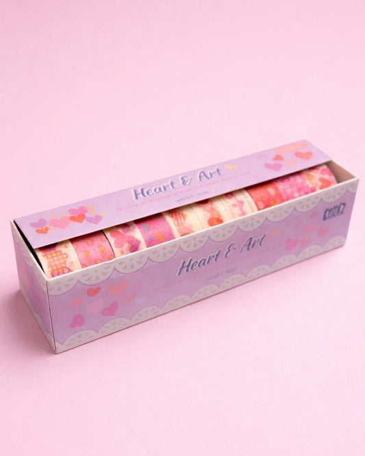 Miso station Heart and Art decorative washi tape set in a purple box with pink, coral, and red heart patterns.