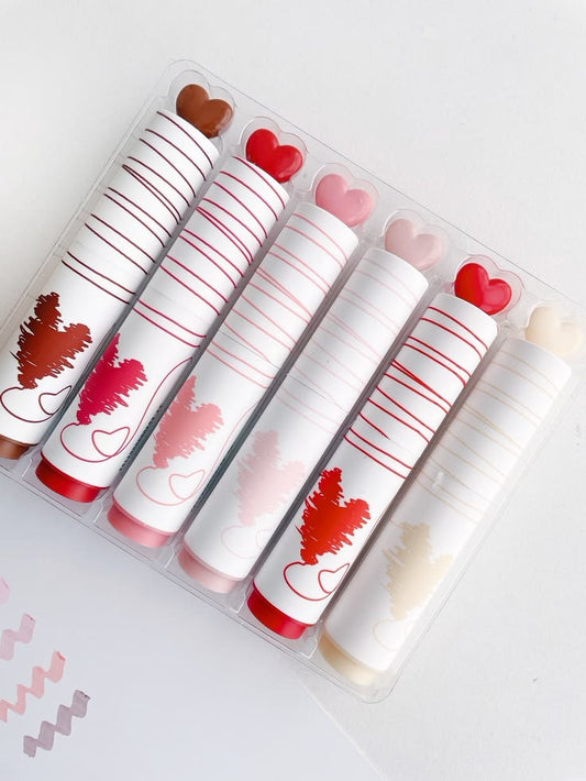 Miso station set of 6 heart-tip highlighters with patterned barrels in soft and vibrant colors for journaling