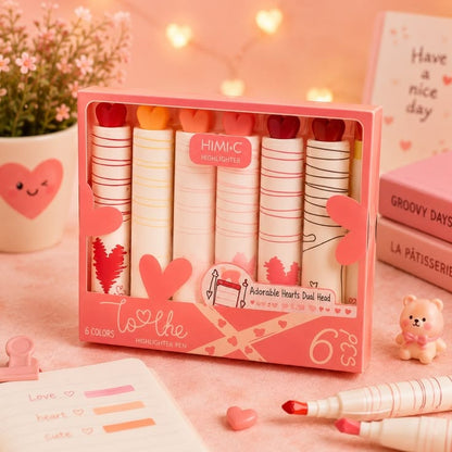 Miso station set of 6 heart-tip highlighters in a display box with whimsical heart patterns and vibrant ink colors