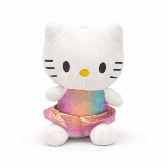 Miso station Hello Kitty plush toy wearing a shimmering iridescent rainbow metallic skirt on a white background