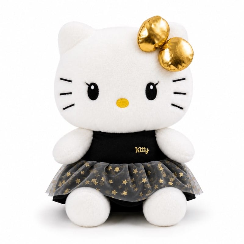 Miso station Hello Kitty plush toy in a black dress with a gold star tulle skirt and metallic gold bow