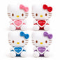 Miso station Hello Kitty plush toys in pink, red, blue, and purple, each holding a kiss me heart-shaped patch.
