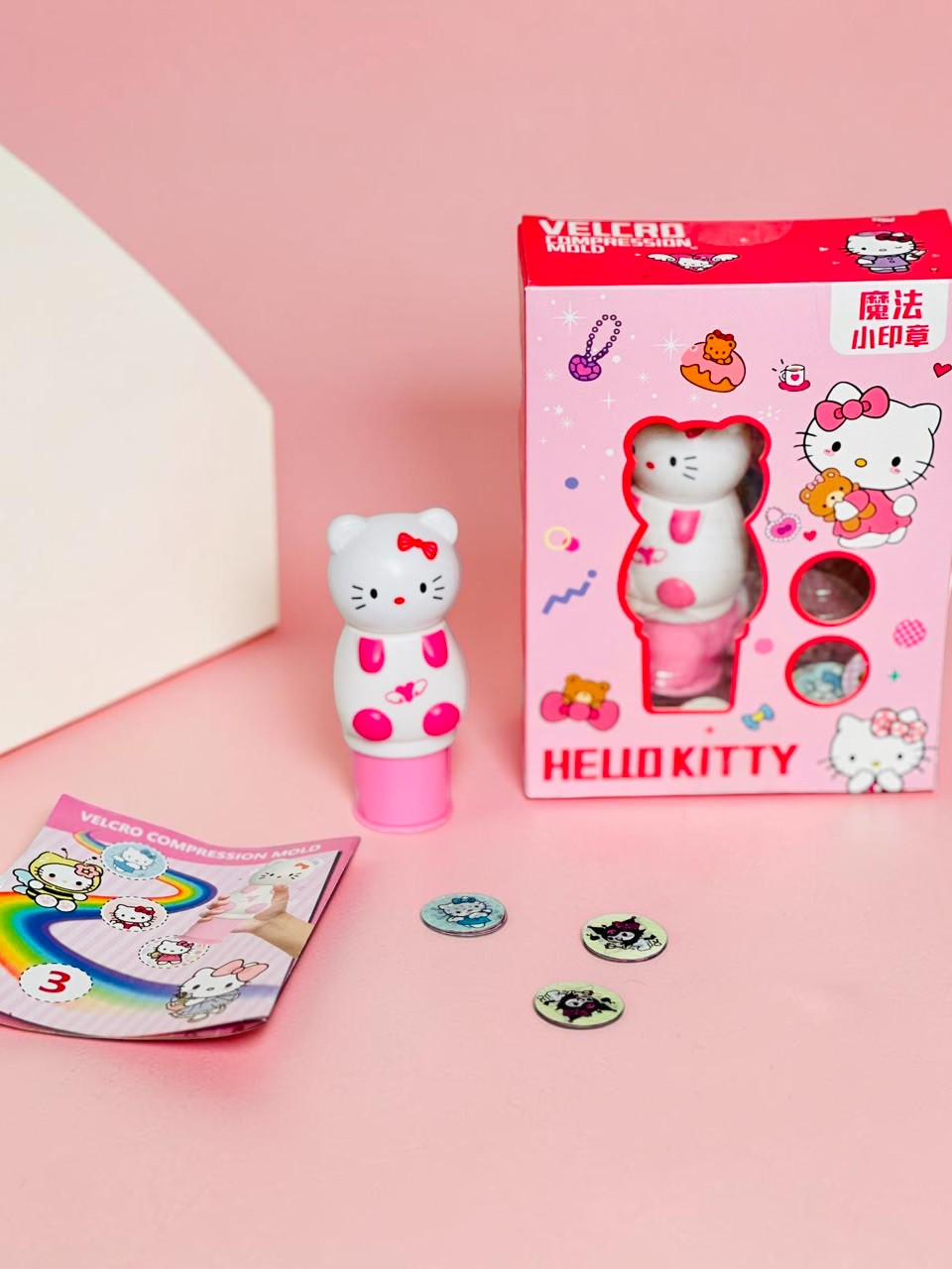 Miso station Hello Kitty compression mold stamp set with pink and white tool, interchangeable designs, and gift box.