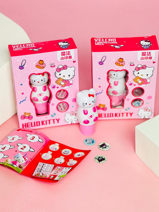 Miso station Hello Kitty compression mold stamp set with pink packaging, stamp tool, and interchangeable designs.