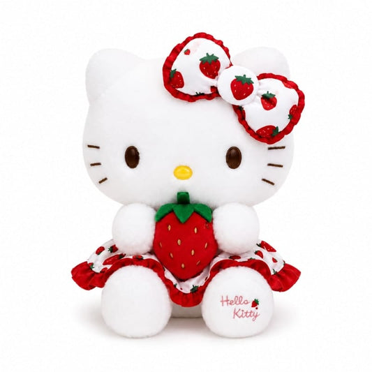 Miso station Hello Kitty plush toy wearing a white strawberry print dress and bow, holding a plush strawberry.