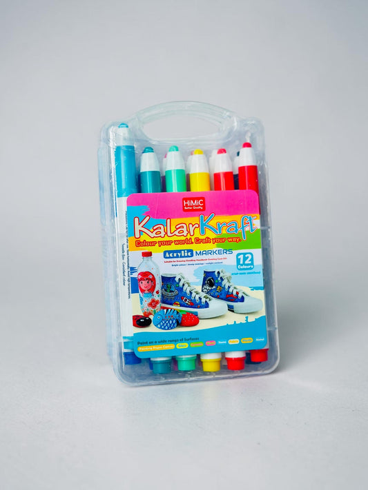 Miso station HiMiC KalarKraft 12-piece acrylic marker set in a transparent carrying case for multi-surface art.