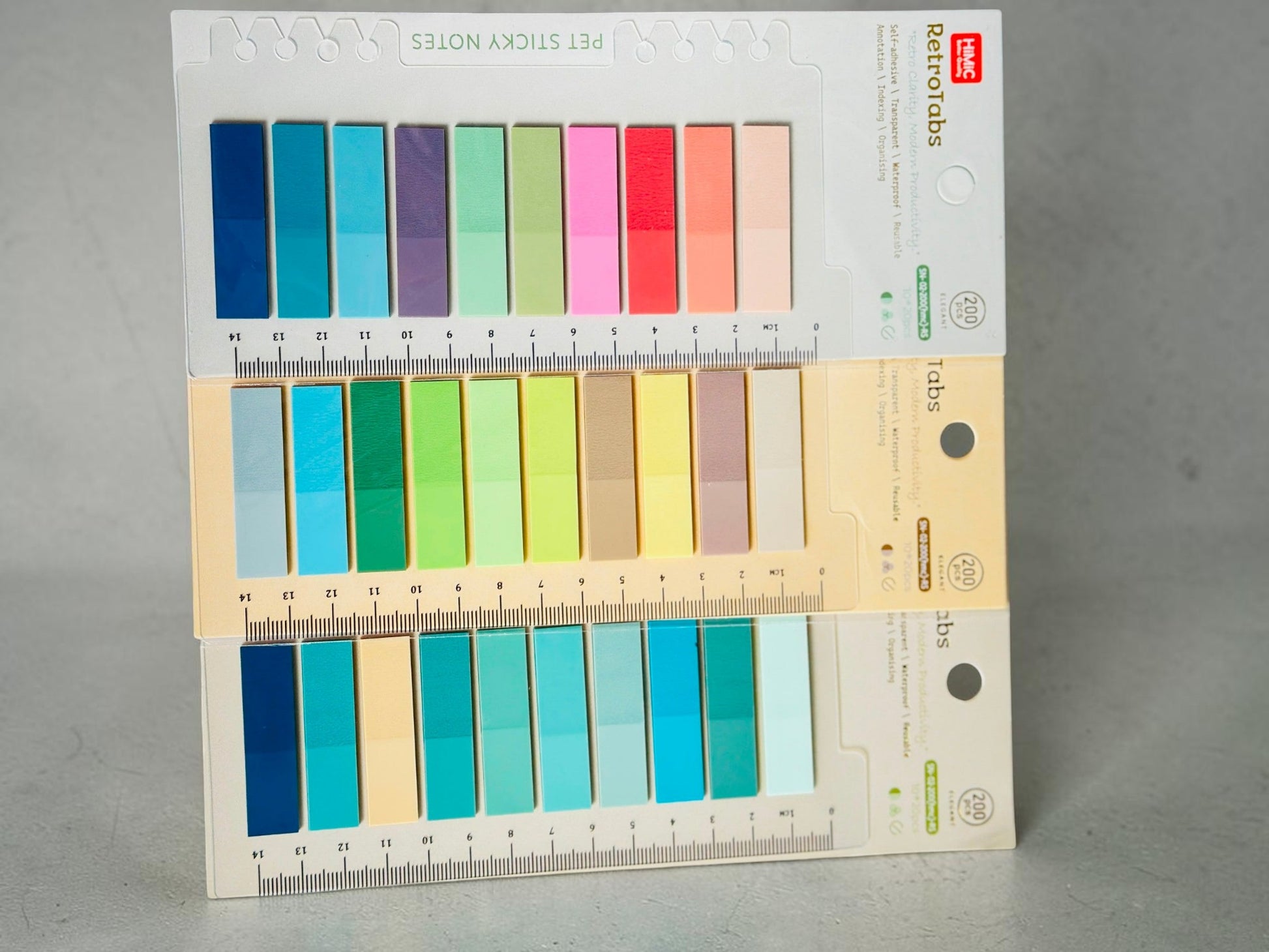 Miso station HIMIC RetroTabs PET sticky index tabs in various colors with built-in ruler on backing cards