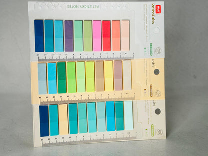 Miso station HIMIC RetroTabs PET sticky index tabs in various colors with built-in ruler on backing cards