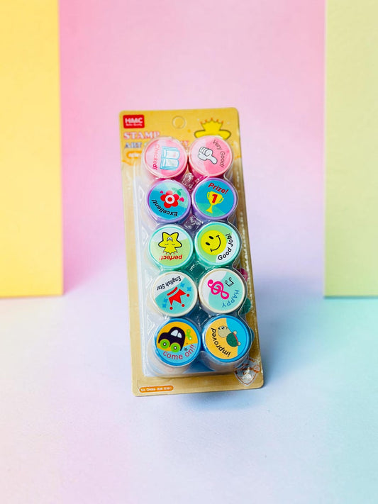 Miso station HMC self-inking teacher stamp set with colorful encouraging phrases and icons on a blister card.