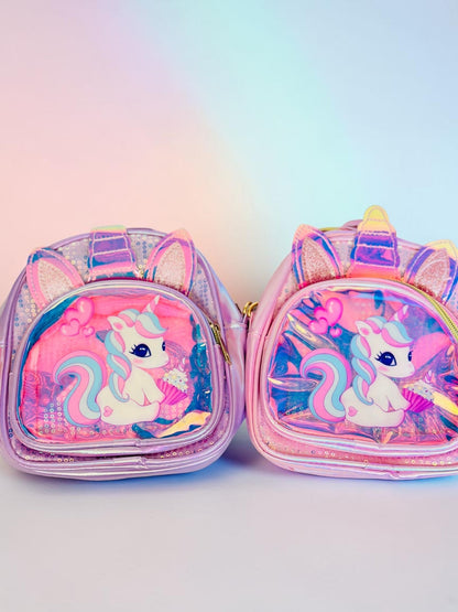 Miso station holographic unicorn mini backpacks in lavender and pink with 3D ears and glittery graphic details.