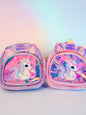 Miso station holographic unicorn mini backpacks in lavender and pink with 3D ears and glittery graphic details.