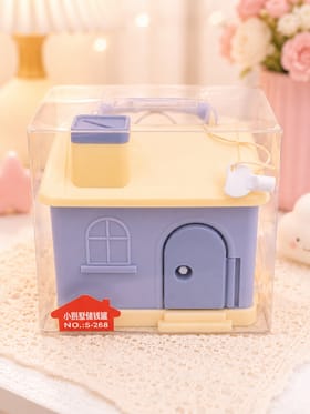 Miso station house-shaped piggy bank in pastel purple and yellow with a carrying handle and secure locking door.