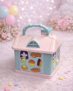 Miso station house-shaped portable piggy bank in pastel pink and blue with cartoon stickers and a carrying handle.