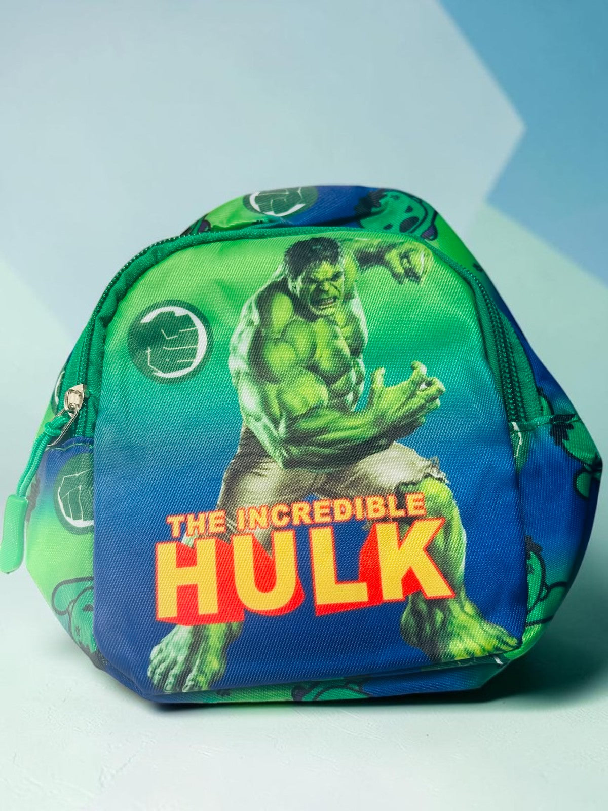 Miso station superhero themed kids mini backpack featuring The Incredible Hulk with vibrant green and blue graphics