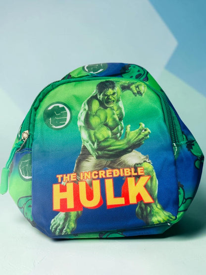 Miso station superhero themed kids mini backpack featuring The Incredible Hulk with vibrant green and blue graphics