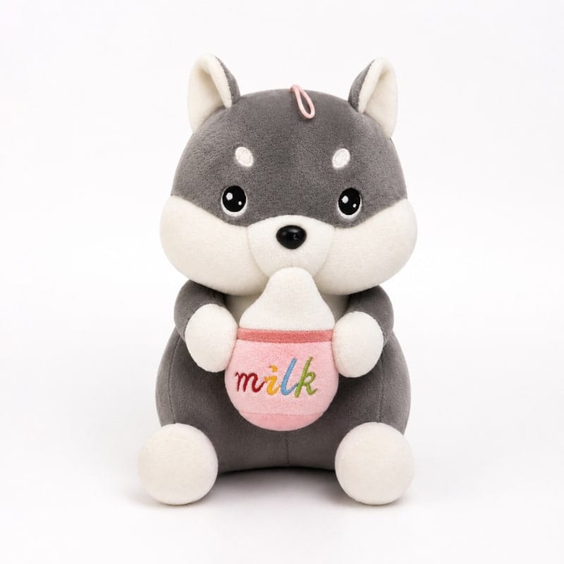 Miso station grey and white husky plush toy sitting and holding a small pink milk bottle with embroidered text