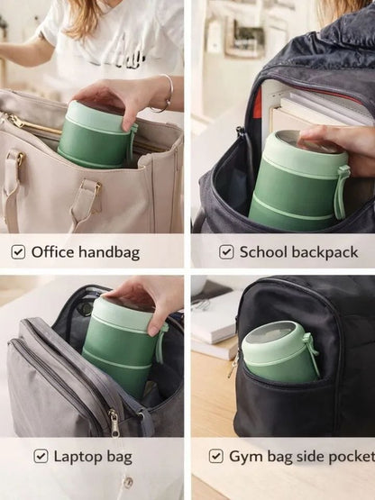 Miso station portable insulated bento food container in sage green, shown fitting inside various bags for travel.