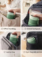 Miso station portable insulated bento food container in sage green, shown fitting inside various bags for travel.