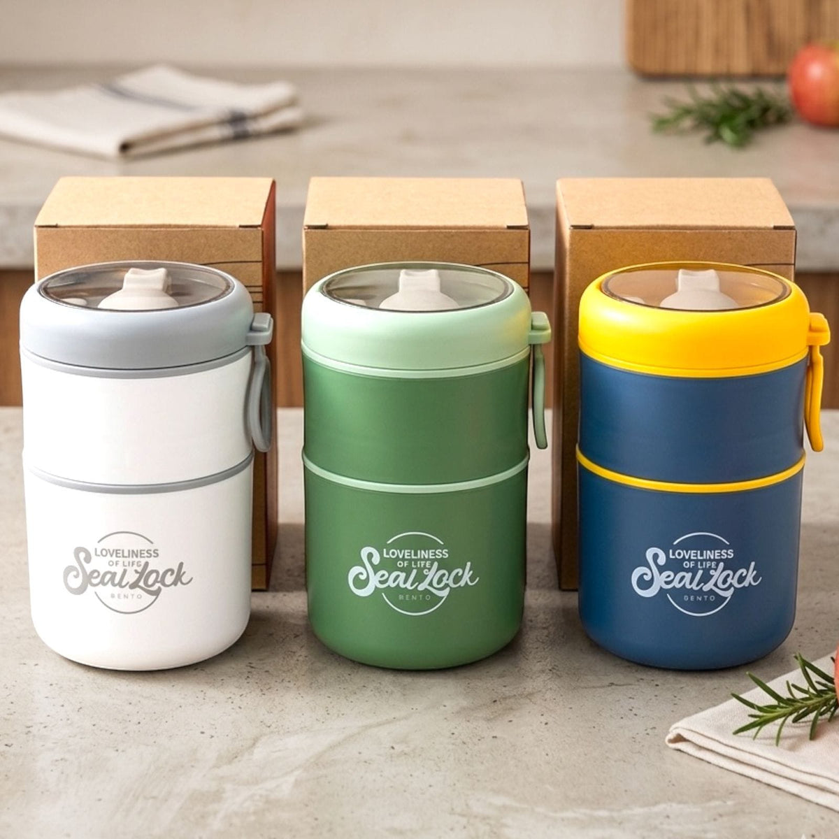 Miso station insulated bento lunch containers in white, green, and blue with clear lids and carry loops on a counter.