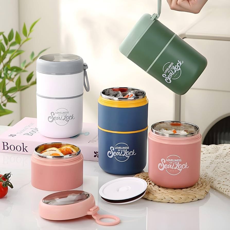 Miso station portable insulated bento lunch containers in green, blue, pink, and white with airtight leak-proof lids.
