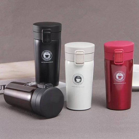 Miso station insulated stainless steel travel coffee tumblers in black, white, and red with push-button lids
