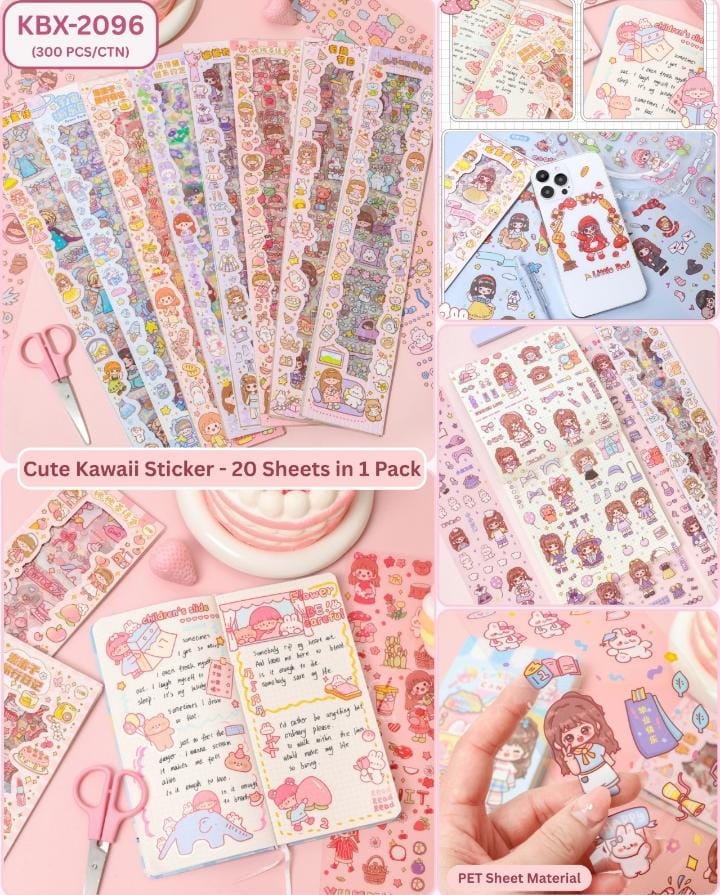 Miso station decorative Kawaii sticker sheets set featuring 20 sheets of waterproof PET cartoon character designs.