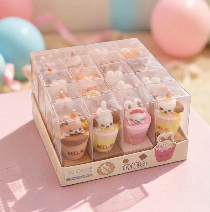 Miso station kawaii milk cup pencil sharpener set featuring cute animal characters in individual clear display boxes