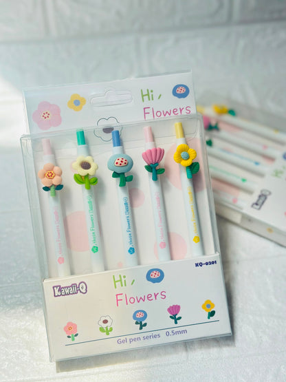 Miso station Kawaii-Q Hi Flowers gel pen set featuring five white pens with 3D silicone floral toppers and 0.5mm tips
