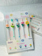 Miso station Kawaii-Q Hi Flowers gel pen set featuring five white pens with 3D silicone floral toppers and 0.5mm tips