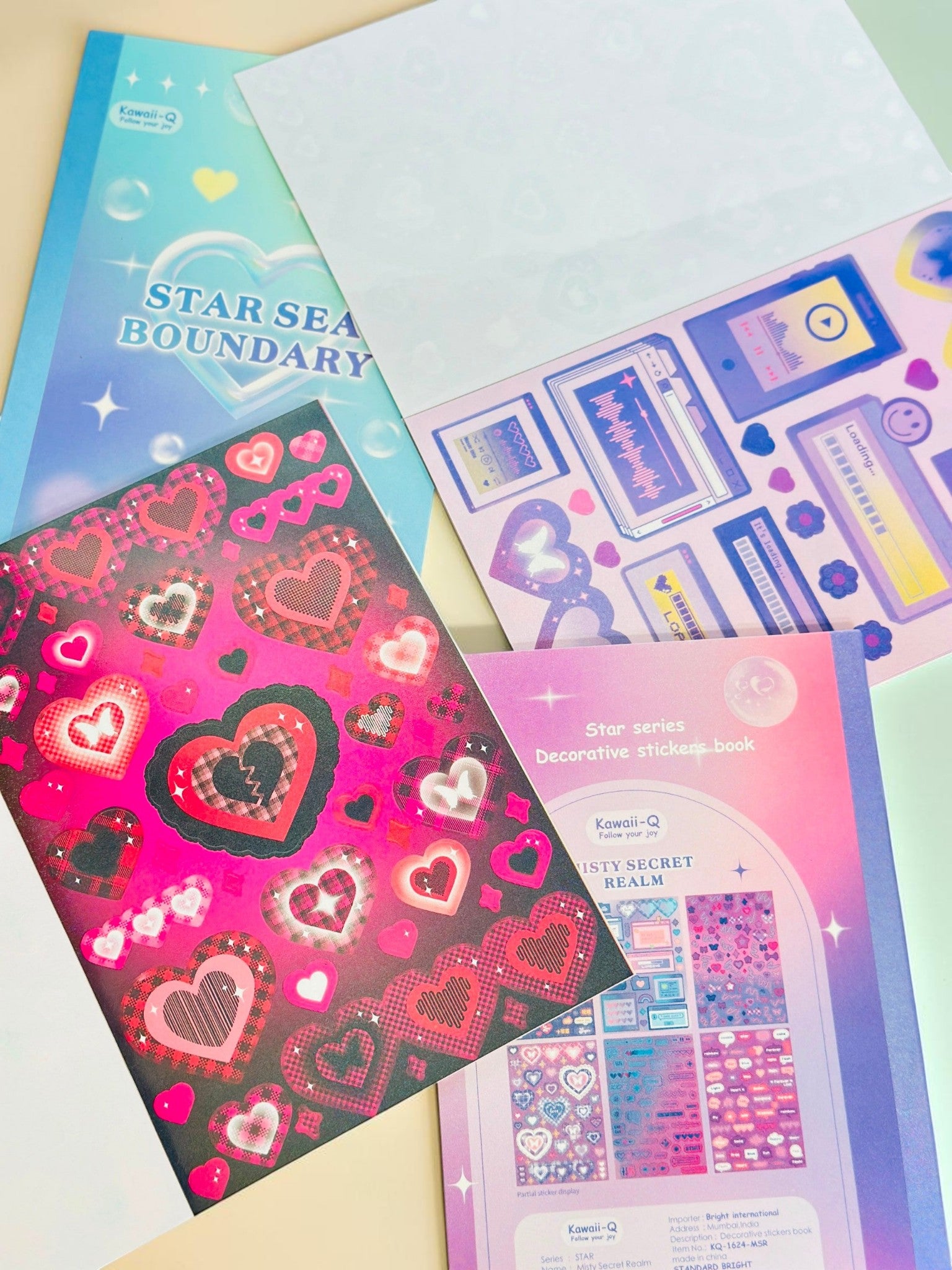 Miso station Kawaii-Q decorative sticker books featuring celestial gradient covers and vibrant heart-themed designs.