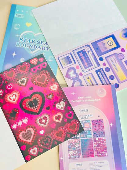 Miso station Kawaii-Q decorative sticker books featuring celestial gradient covers and vibrant heart-themed designs.